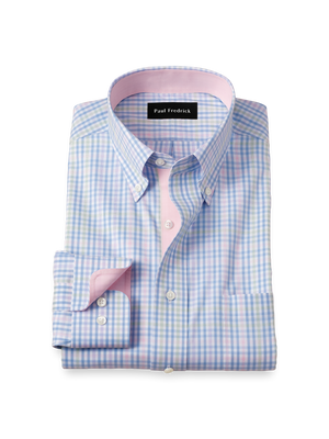 Comfort Stretch Non-Iron Tattersall Dress Shirt With Contrast Trim - Blue/pink