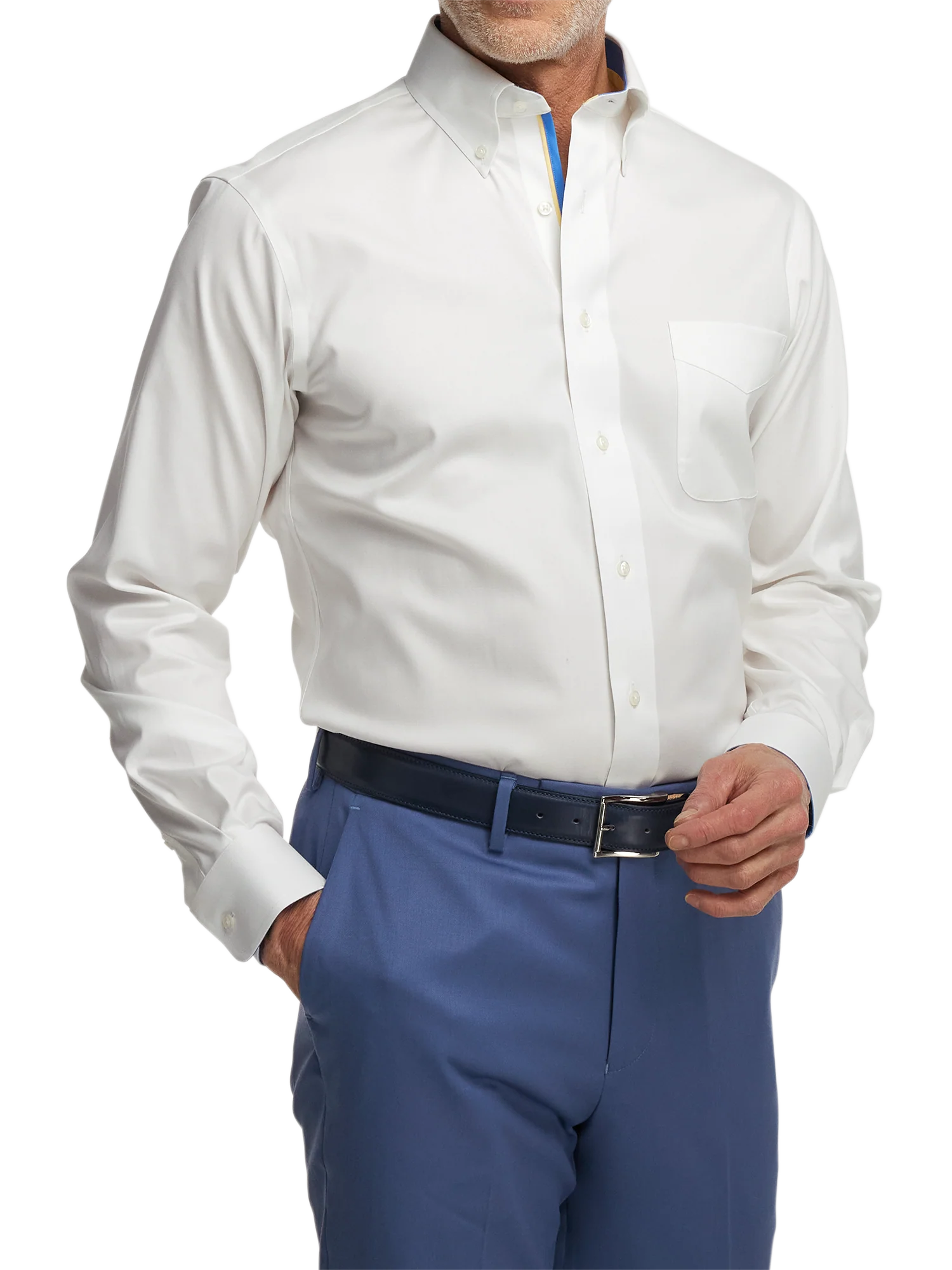 Comfort Stretch Non-Iron Solid Dress Shirt With Contrast Trim - White