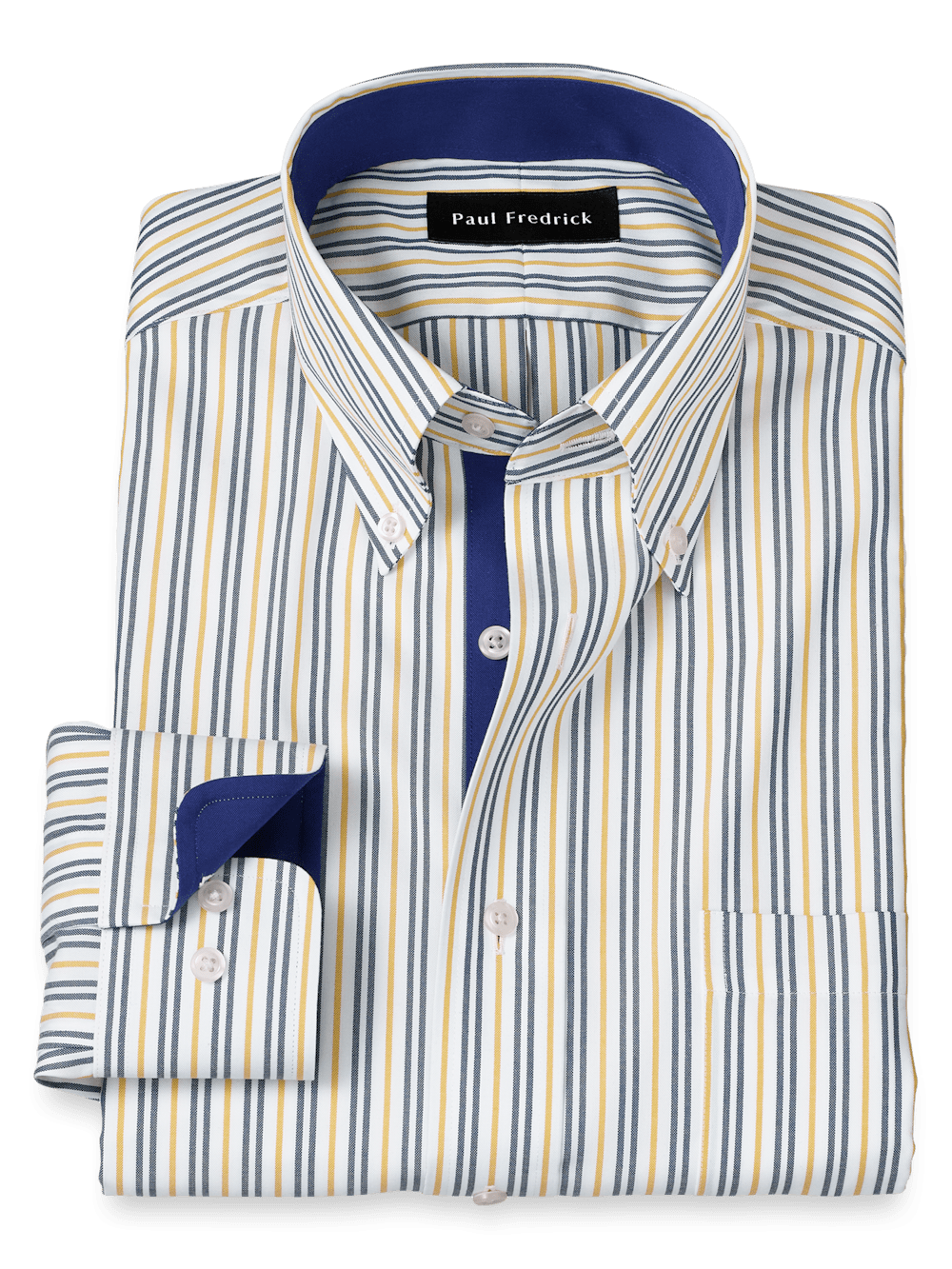 Product Image of Non-iron Cotton Stripe Dress Shirt With Contrast Trim-Blue/Gold