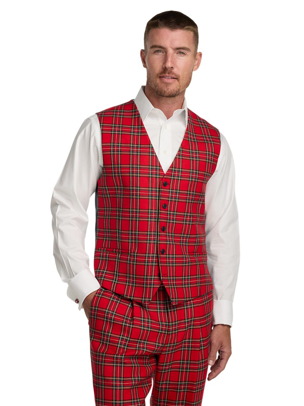 Alternate Image of Wool Blend Tartan Plaid No Lapel 5 Button Vest-1