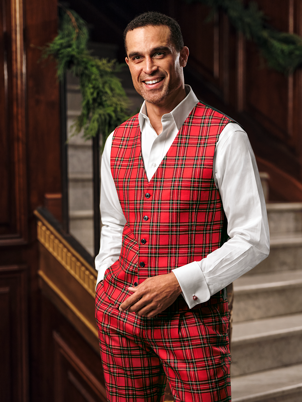 Alternate Image of Wool Blend Tartan Plaid No Lapel 5 Button Vest-5