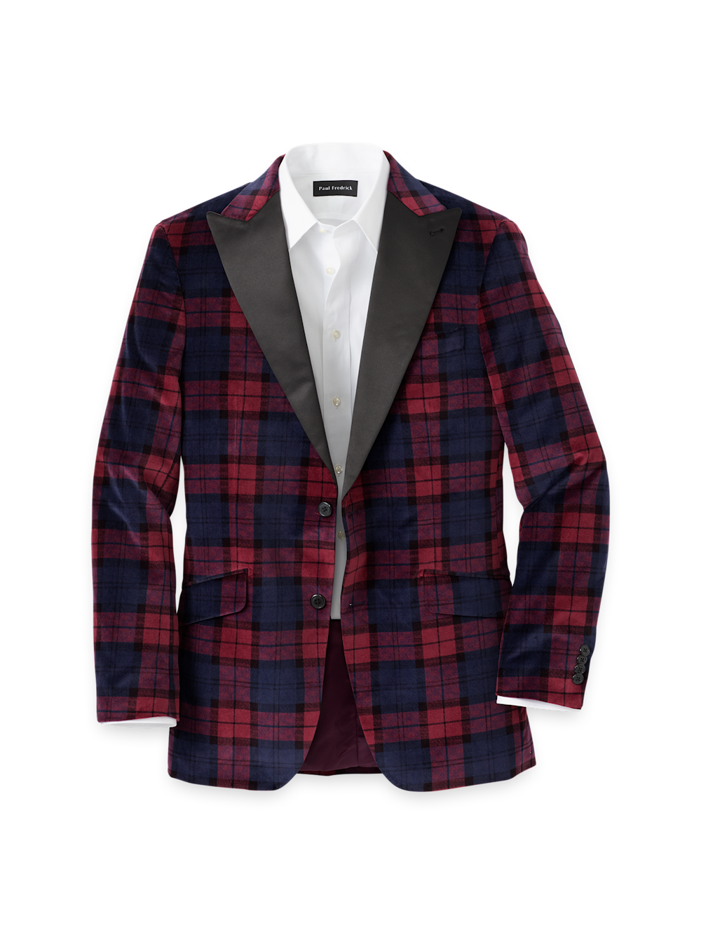 Product Image of Velvet Plaid Single Breasted Satin Peak Lapel Sport Coat-Red Multi