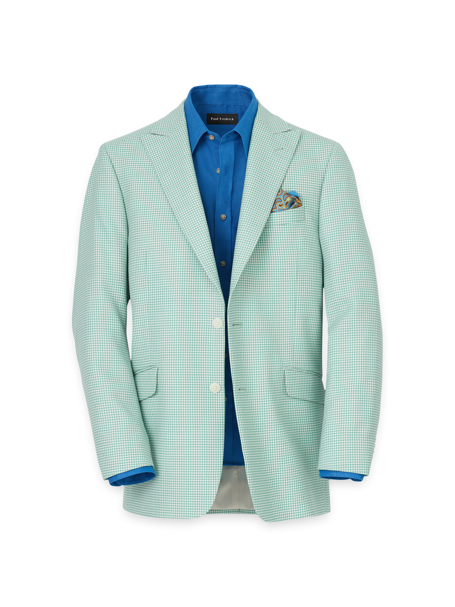 Wool Houndstooth Single Breasted Peak Lapel Sport Coat - Aqua