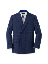 Wool Blend Windowpane Double Breasted Peak Lapel Sport Coat - Blue
