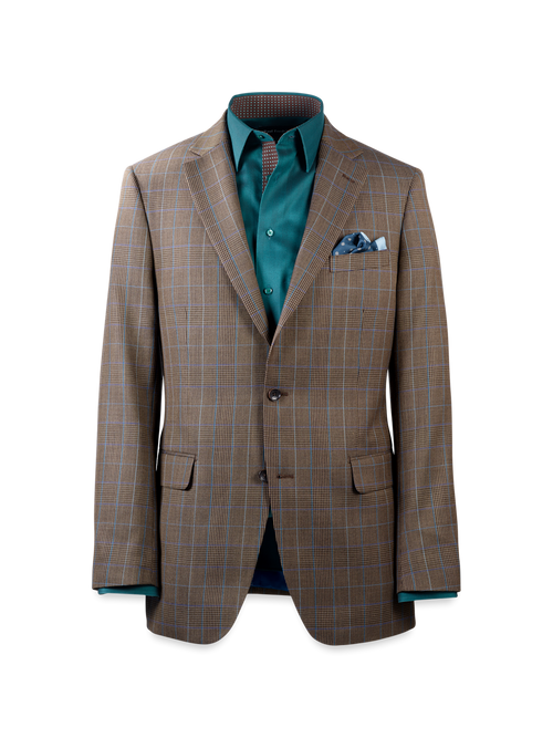 Wool Blend Plaid Single Breasted Notch Lapel Suit Jacket - Brown/blue