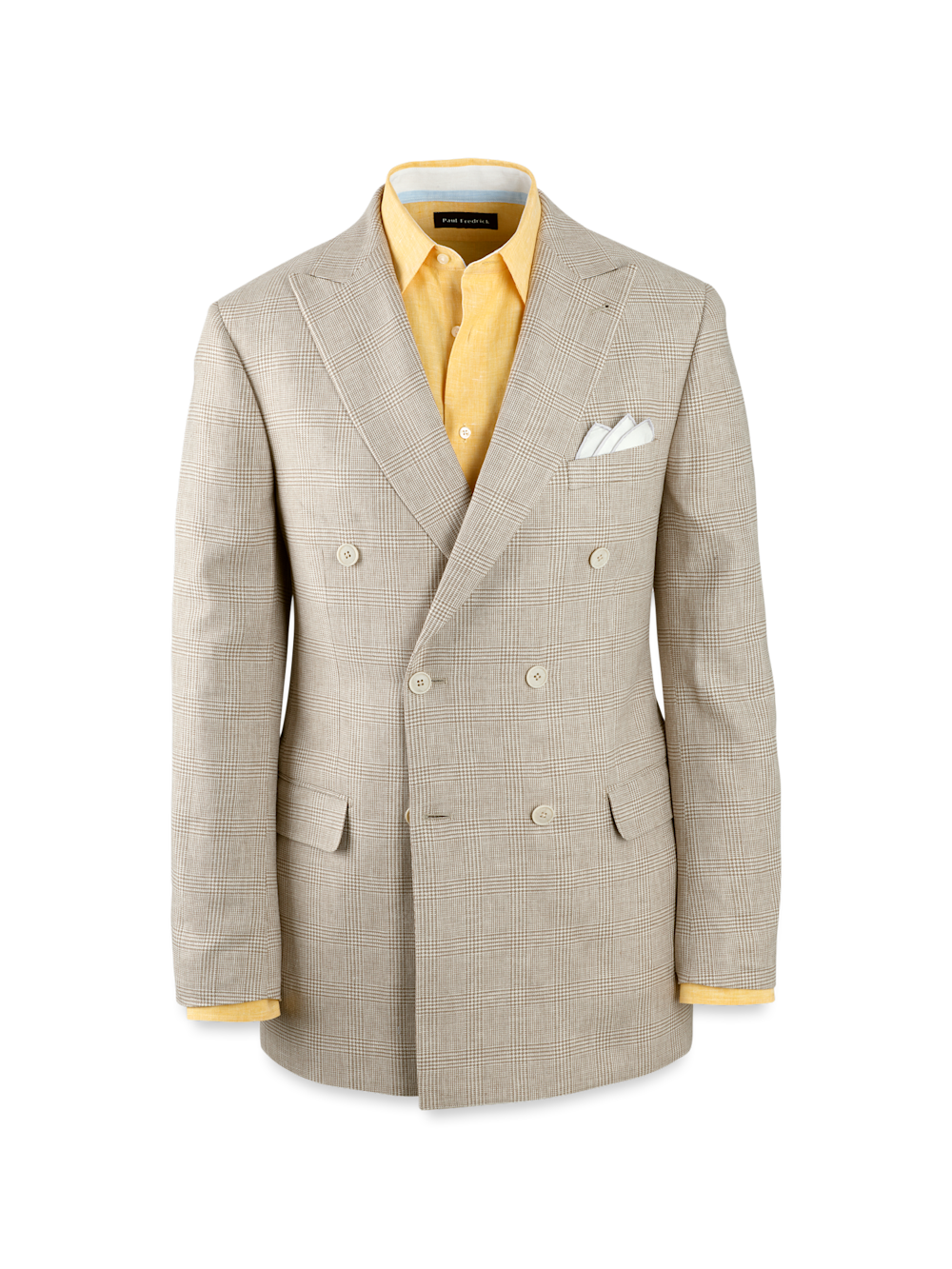 Product Image of Linen Blend Plaid Double Breasted Peak Lapel Suit Jacket-Tan