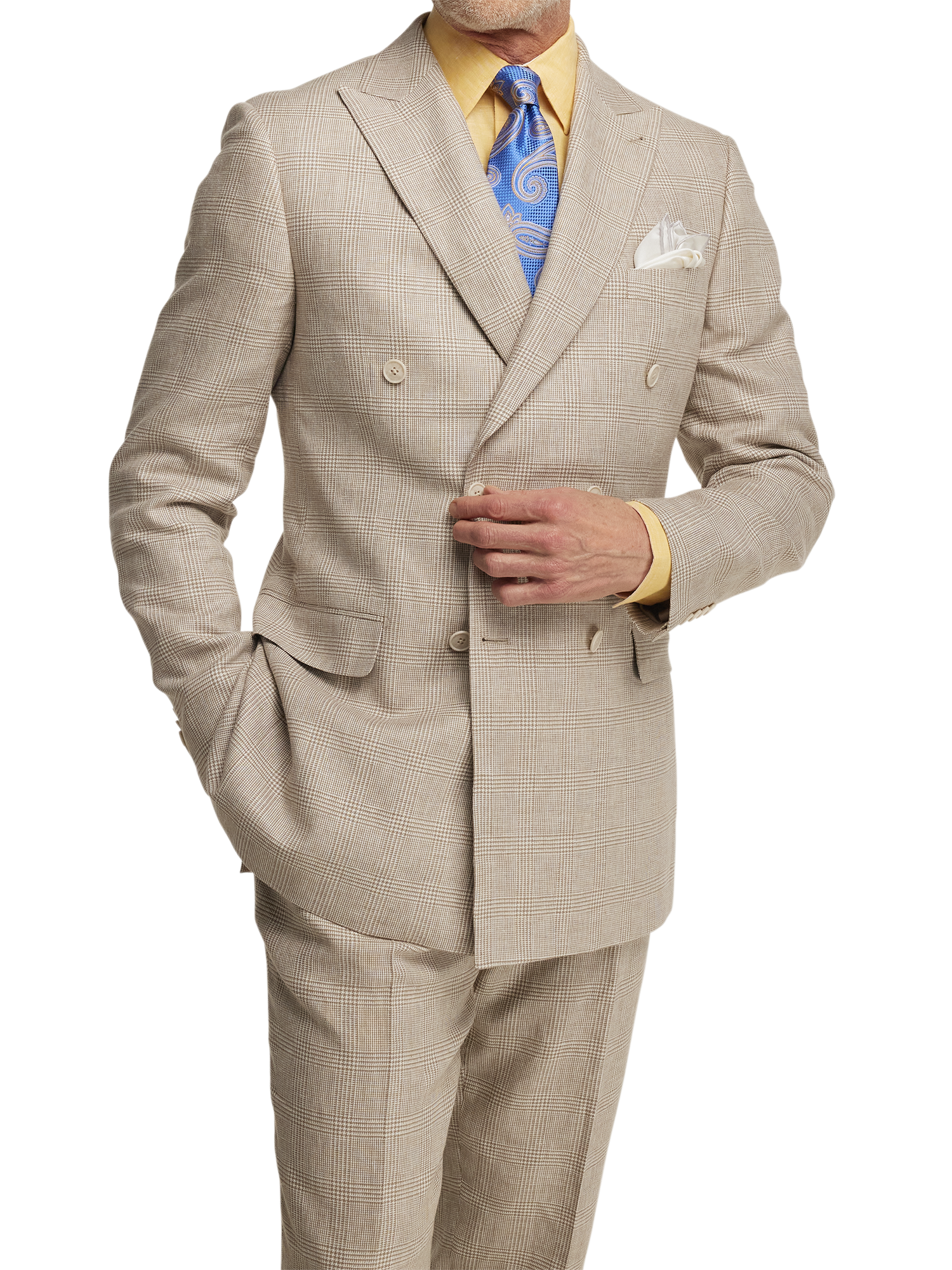 Linen Blend Plaid Double Breasted Peak Lapel Suit Jacket - Tan