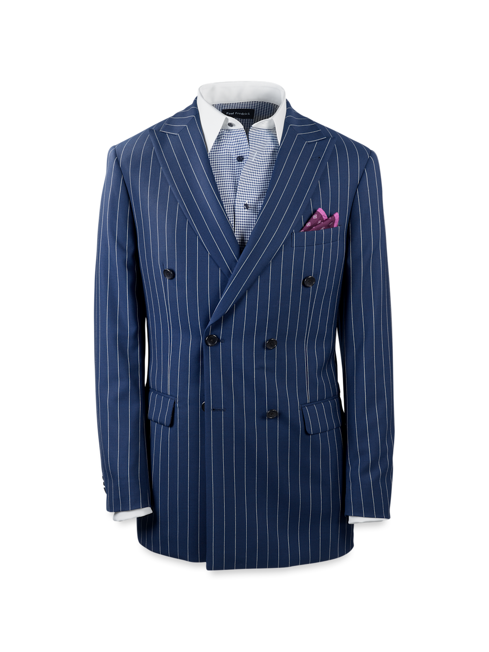 Product Image of Wool Stretch Stripe Double Breasted Peak Lapel Suit Jacket-Blue