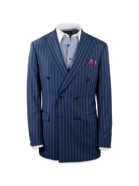 Wool Stretch Stripe Double Breasted Peak Lapel Suit Jacket - Blue