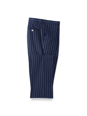 Cotton Stretch Pinstripe Seersucker Single Pleat Suit Pants - Navy