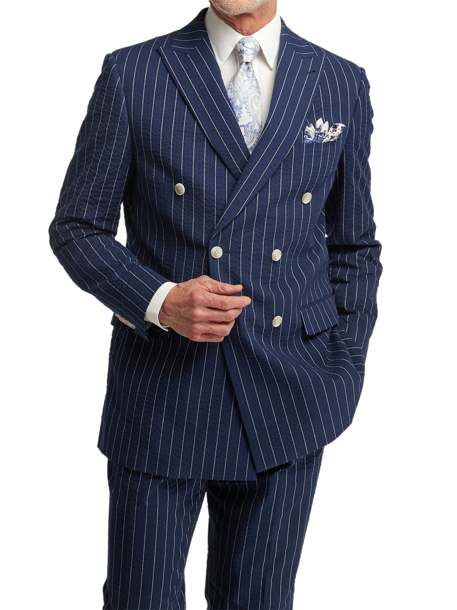 Cotton Stretch Pinstripe Seersucker Double Breasted Peak Lapel Suit Jacket - Navy