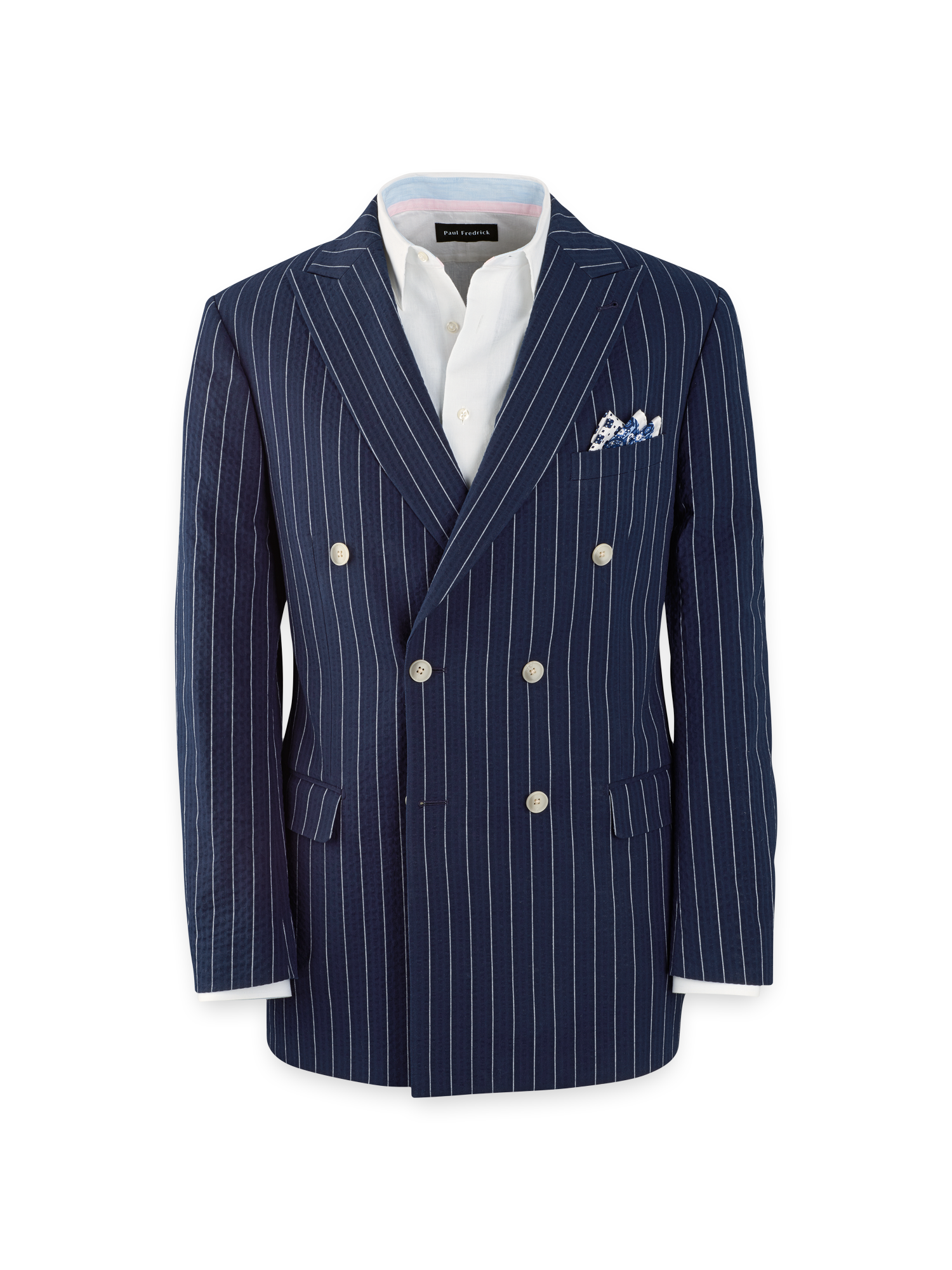 Cotton Stretch Pinstripe Seersucker Double Breasted Peak Lapel Suit Jacket - Navy