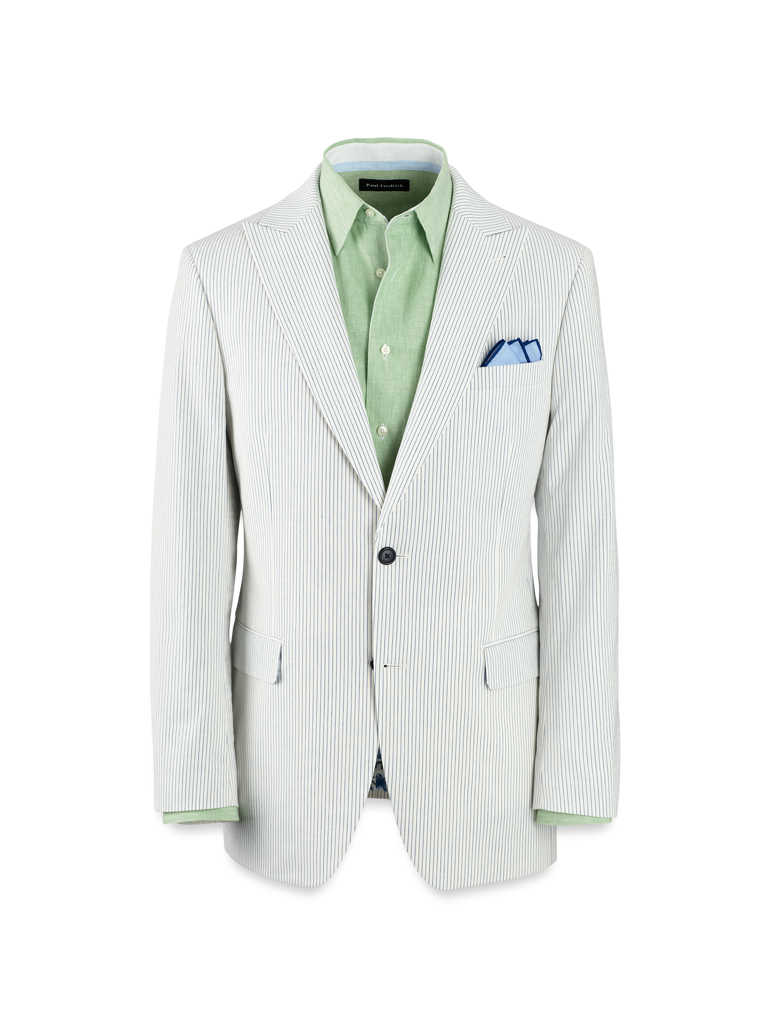 Cotton Stretch Stripe Seersucker Single Breasted Peak Lapel Suit Jacket - White/blue