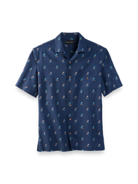 Linen Blend Novelty Print Casual Shirt - Navy
