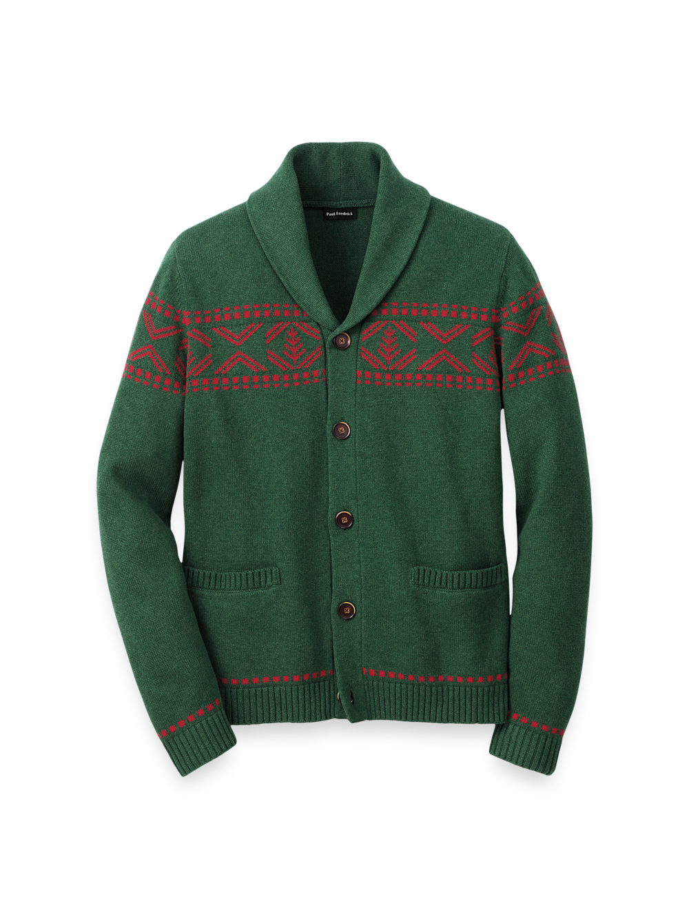 Product Image of Cotton Button Front Fair Isle Shawl Collar Cardigan Sweater-Green