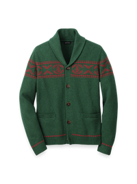 Cotton Button Front Fair Isle Shawl Collar Cardigan Sweater - Green