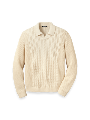 Cotton Cable V-neck Polo - Ivory