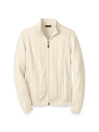 Cotton Cable Full Zip Mock Neck Sweater - Ivory