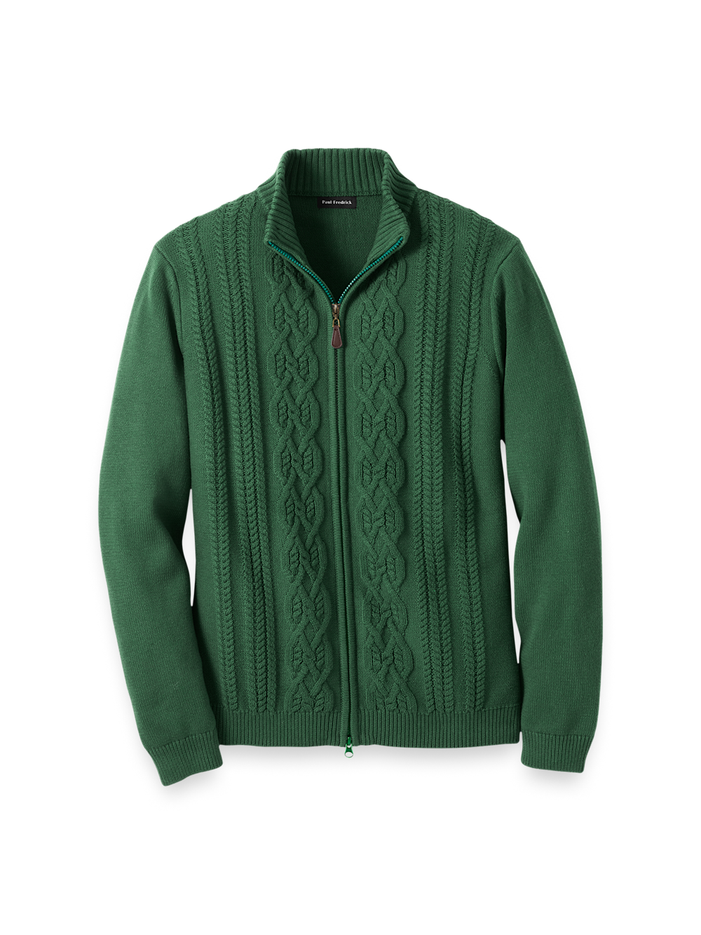 Product Image of Cotton Cable Full Zip Mock Neck Sweater-Green