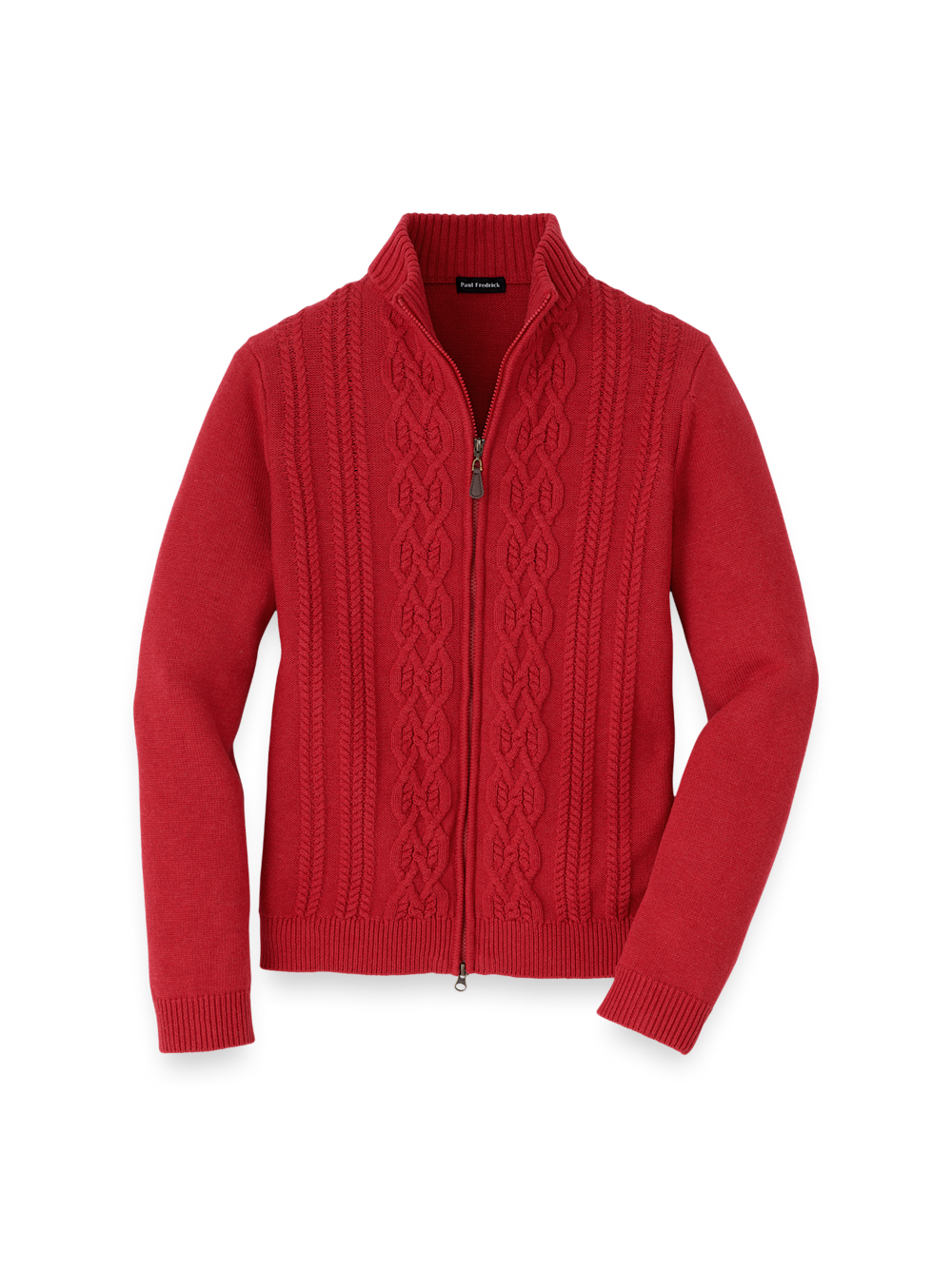 Product Image of Cotton Cable Full Zip Mock Neck Sweater-Red