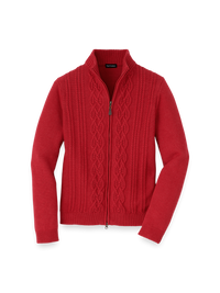 Cotton Cable Full Zip Mock Neck Sweater - Red