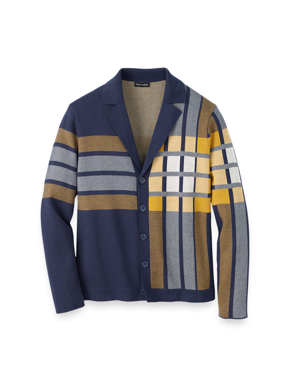 Product Image of Cotton Notch Lapel Cardigan Sweater-Navy/Gold
