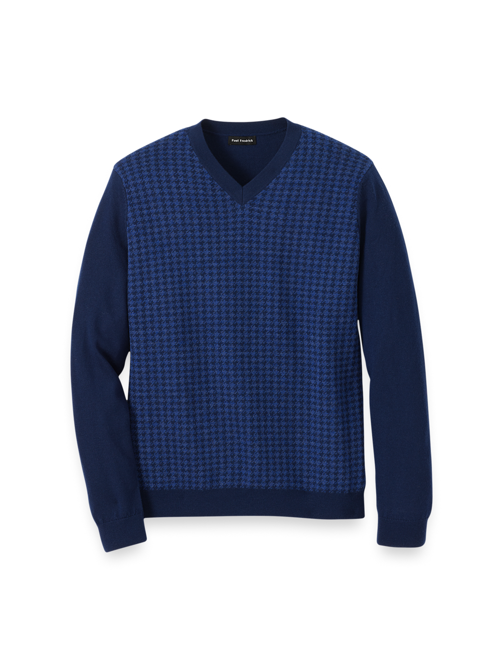 Product Image of Washable Merino Wool Houndstooth V-neck Sweater-Blue
