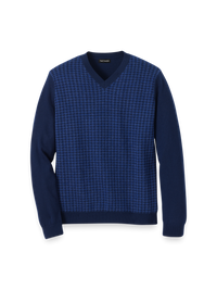 Washable Merino Wool Houndstooth V-neck Sweater - Blue