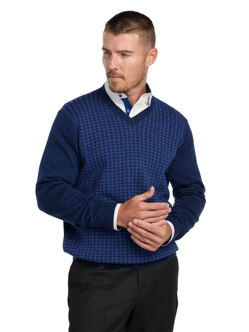 Alternate Image of Washable Merino Wool Houndstooth V-neck Sweater-1