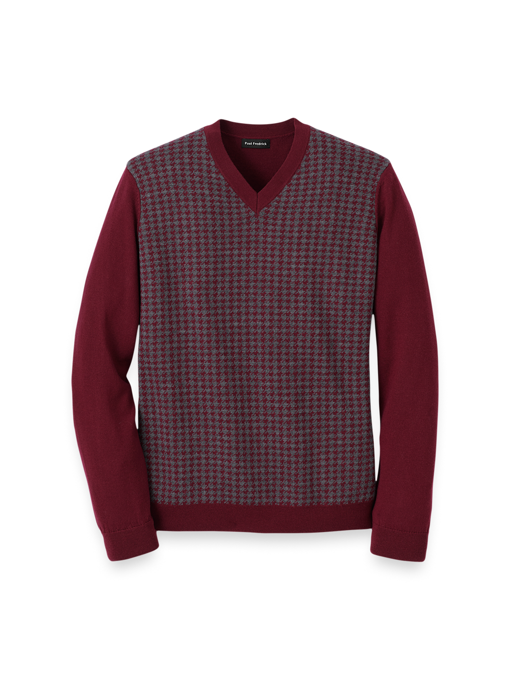 Product Image of Washable Merino Wool Houndstooth V-neck Sweater-Burgundy