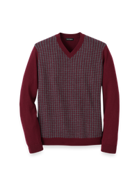 Washable Merino Wool Houndstooth V-neck Sweater - Burgundy