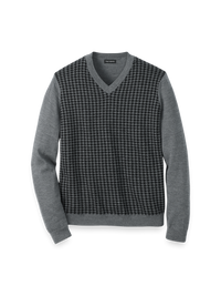 Washable Merino Wool Houndstooth V-neck Sweater - Black/grey