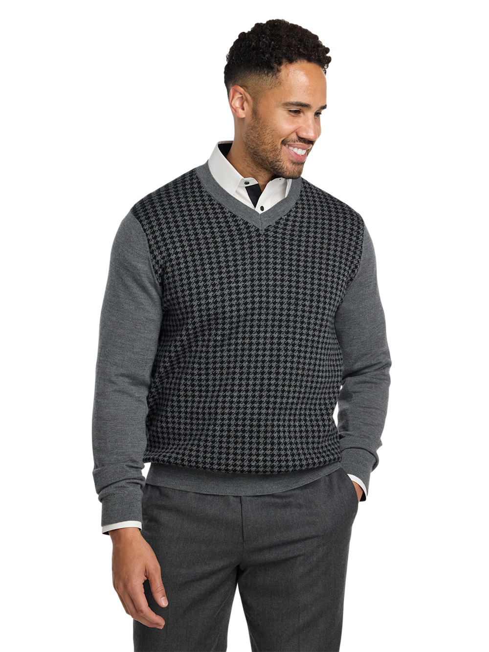 Alternate Image of Washable Merino Wool Houndstooth V-neck Sweater-1
