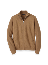 Cotton Full Zip Mock Neck Sweater Jacket - Camel