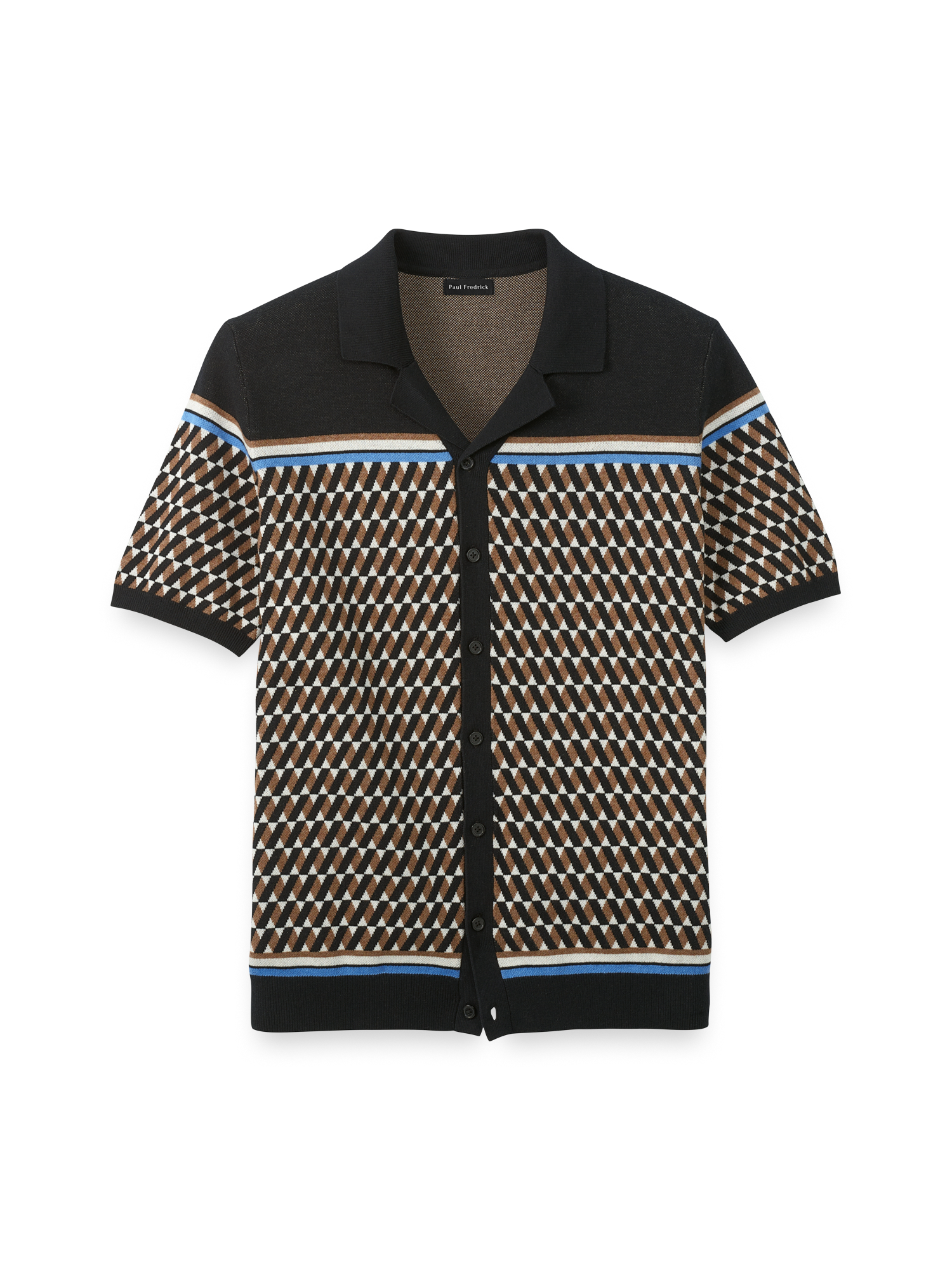 Cotton Button Front Camp Collar Sweater - Black/brown