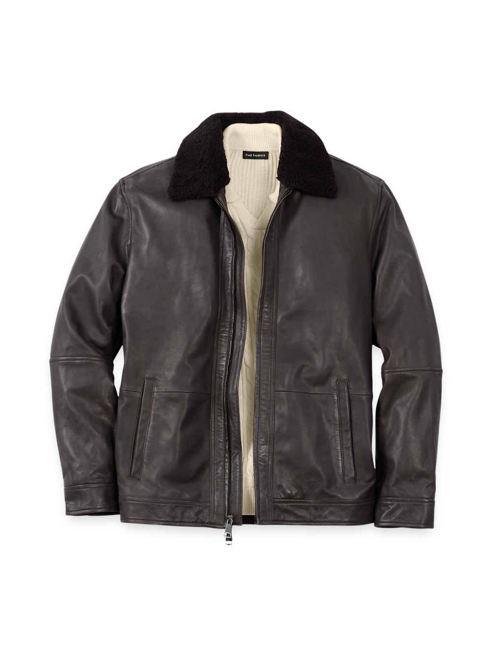 Product Image of Leather Bomber Shearling Jacket-Brown